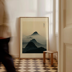 Japanese Mountain Art Print – Dark Vintage Landscape Wall Art — framed canvas on floor man walking past