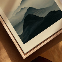 Japanese Mountain Art Print – Dark Vintage Landscape Wall Art — closeup framed canvas natural wood floating frame
