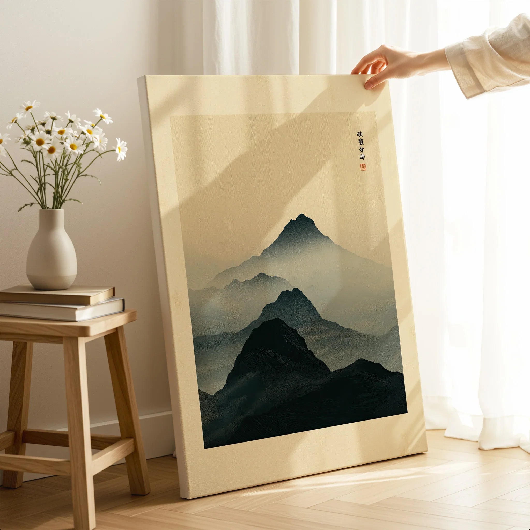 Japanese Mountain Art Print – Dark Vintage Landscape Wall Art — canvas print mirror edge hand holding room setting