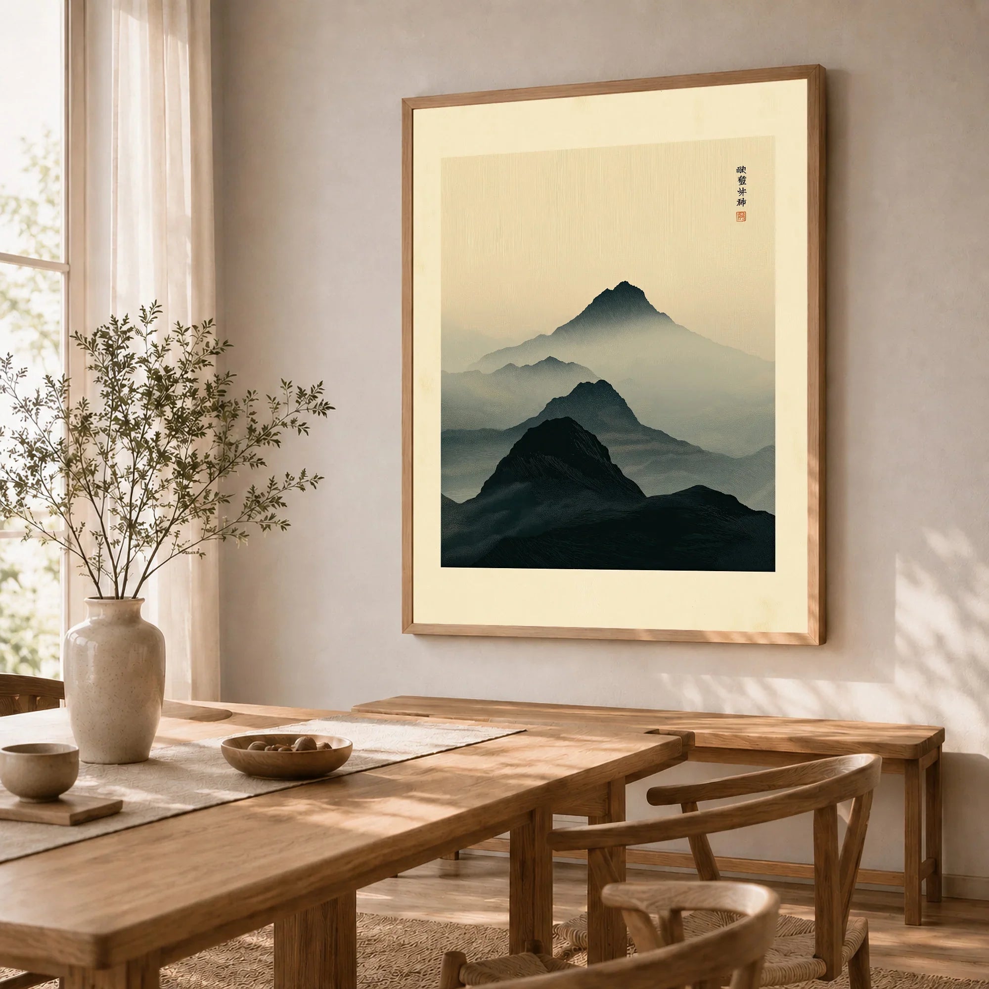 Japanese Mountain Art Print – Dark Vintage Landscape Wall Art — dining room framed print natural wood frame