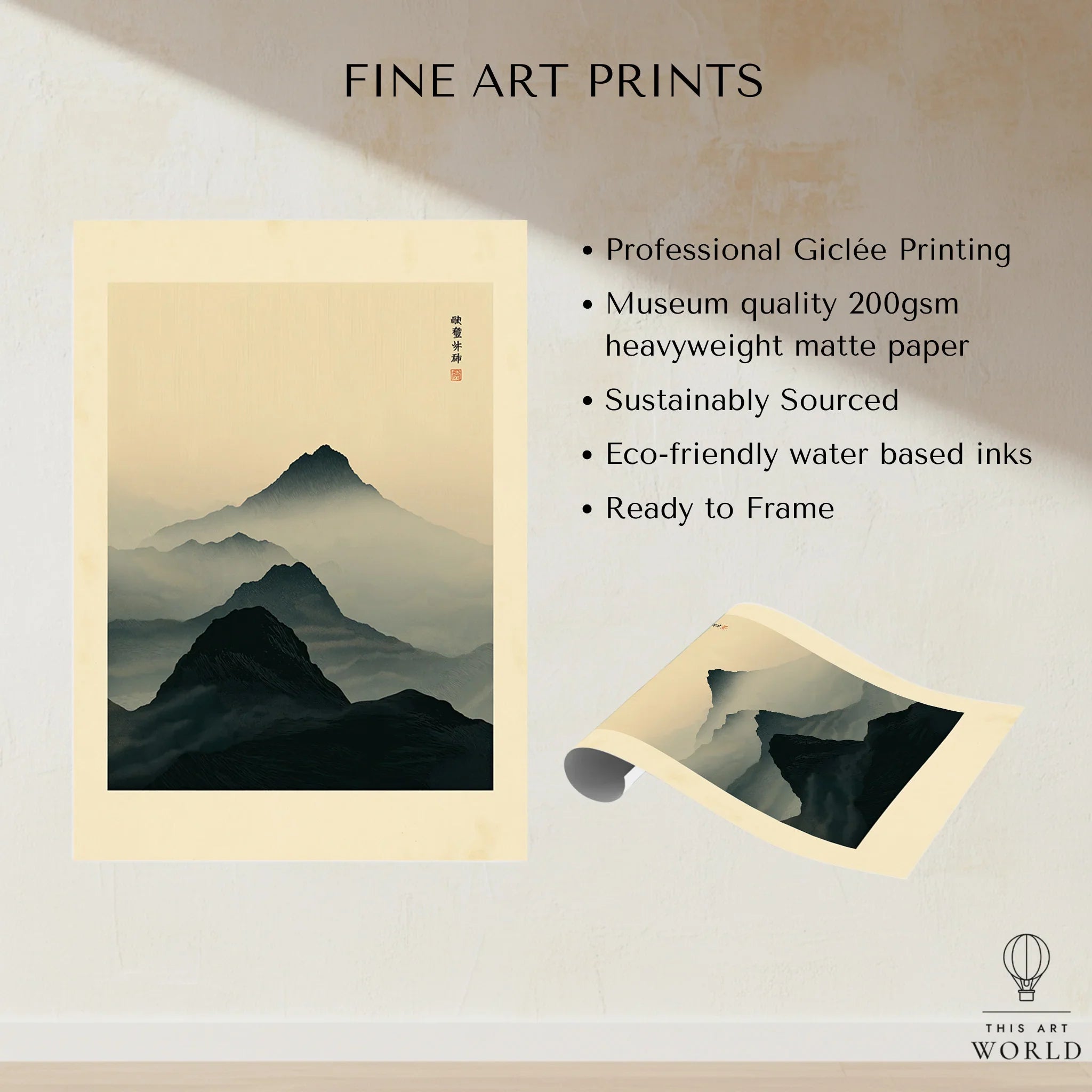 Japanese Mountain Art Print – Dark Vintage Landscape Wall Art — fine art print unframed quality details