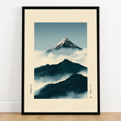 Mount Fuji Art Print – Vintage Japanese Mountain Wall Art — art print in black frame on wooden floor