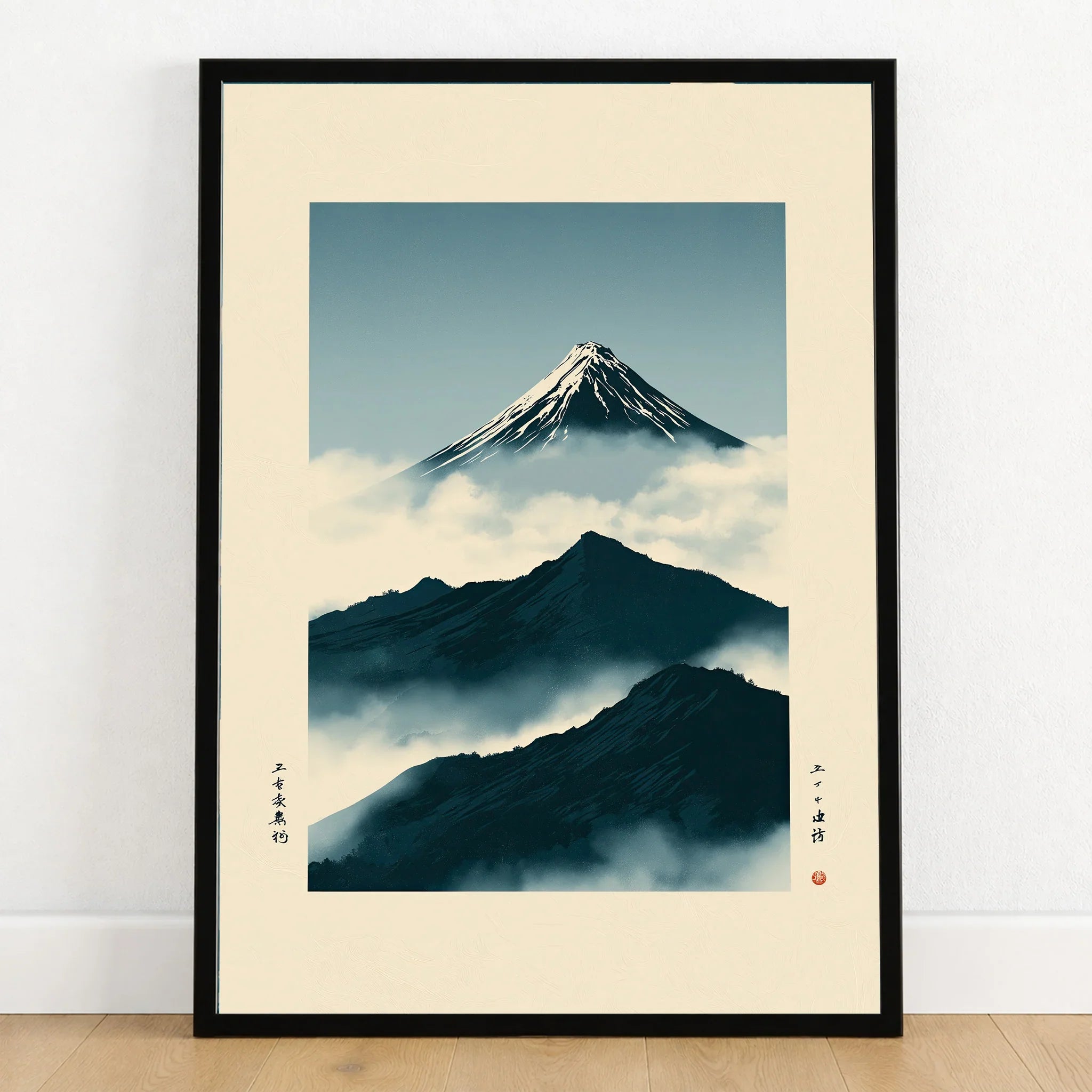 Mount Fuji Art Print – Vintage Japanese Mountain Wall Art — art print in black frame on wooden floor