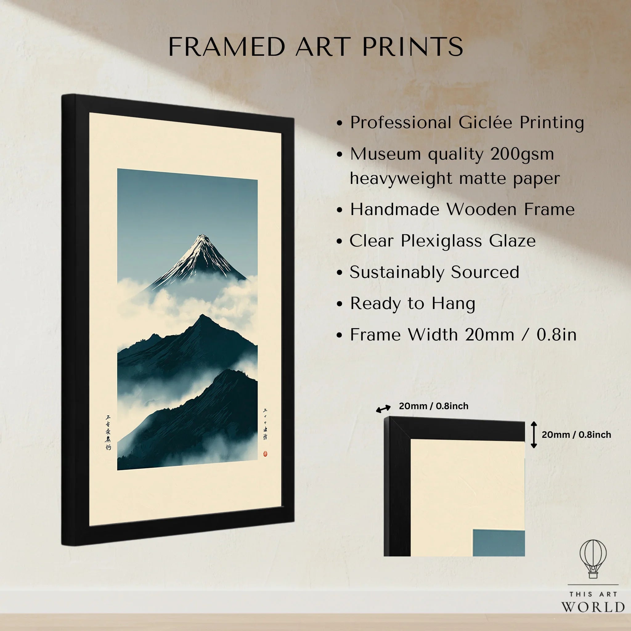 Mount Fuji Art Print – Vintage Japanese Mountain Wall Art — framed print details measurements quality details