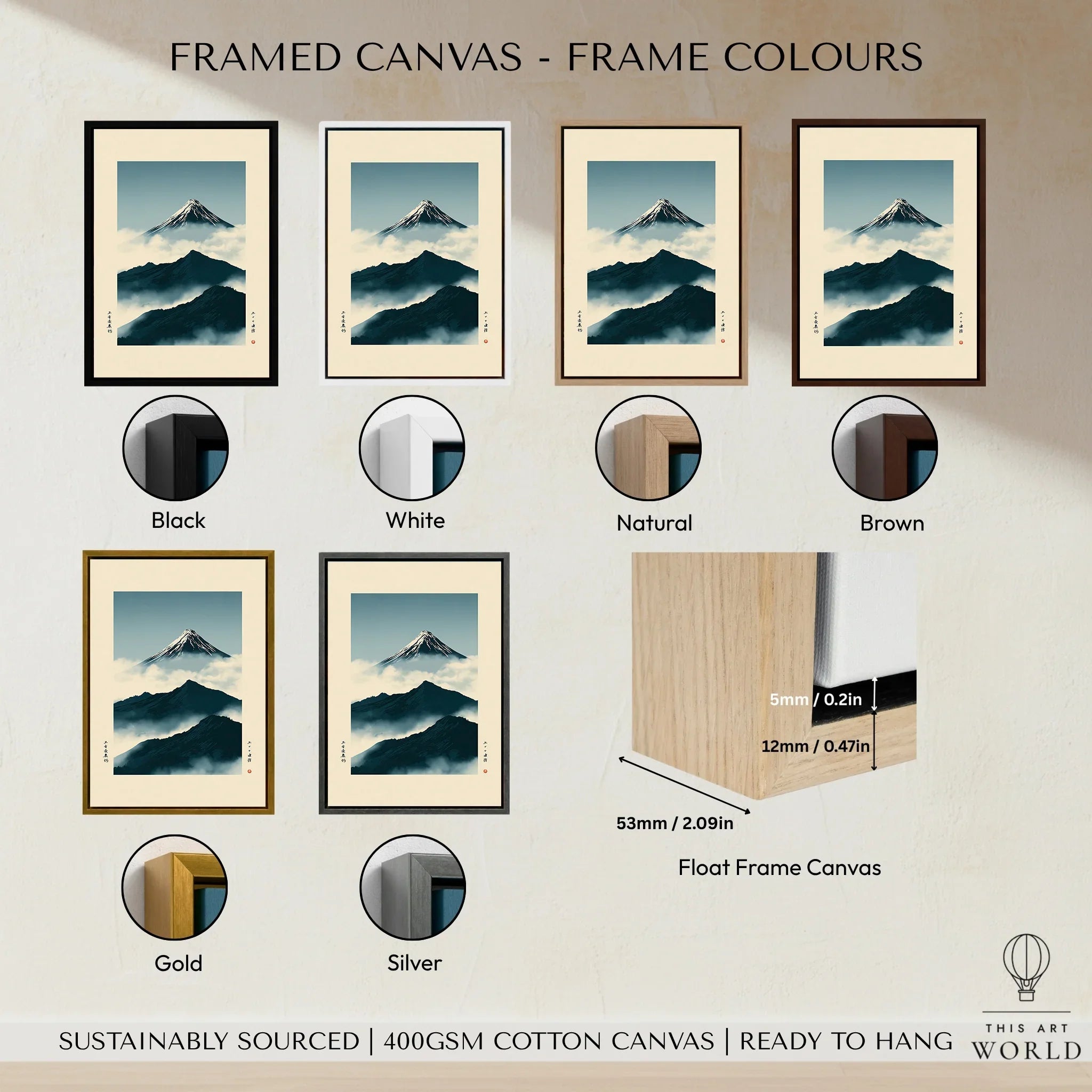 Mount Fuji Art Print – Vintage Japanese Mountain Wall Art — framed canvas float frame colour options