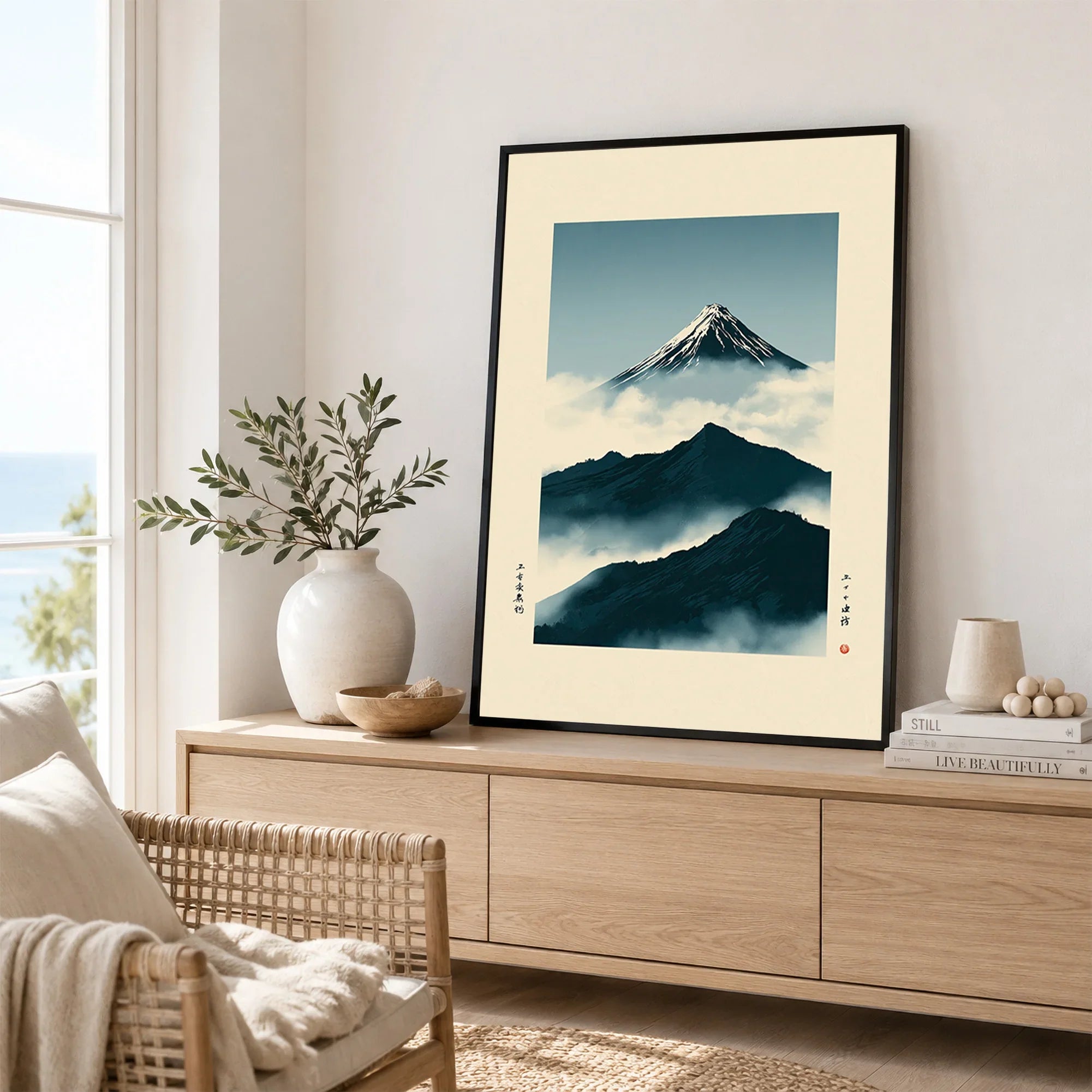 Mount Fuji Art Print – Vintage Japanese Mountain Wall Art — framed artwork living room lifestyle setting