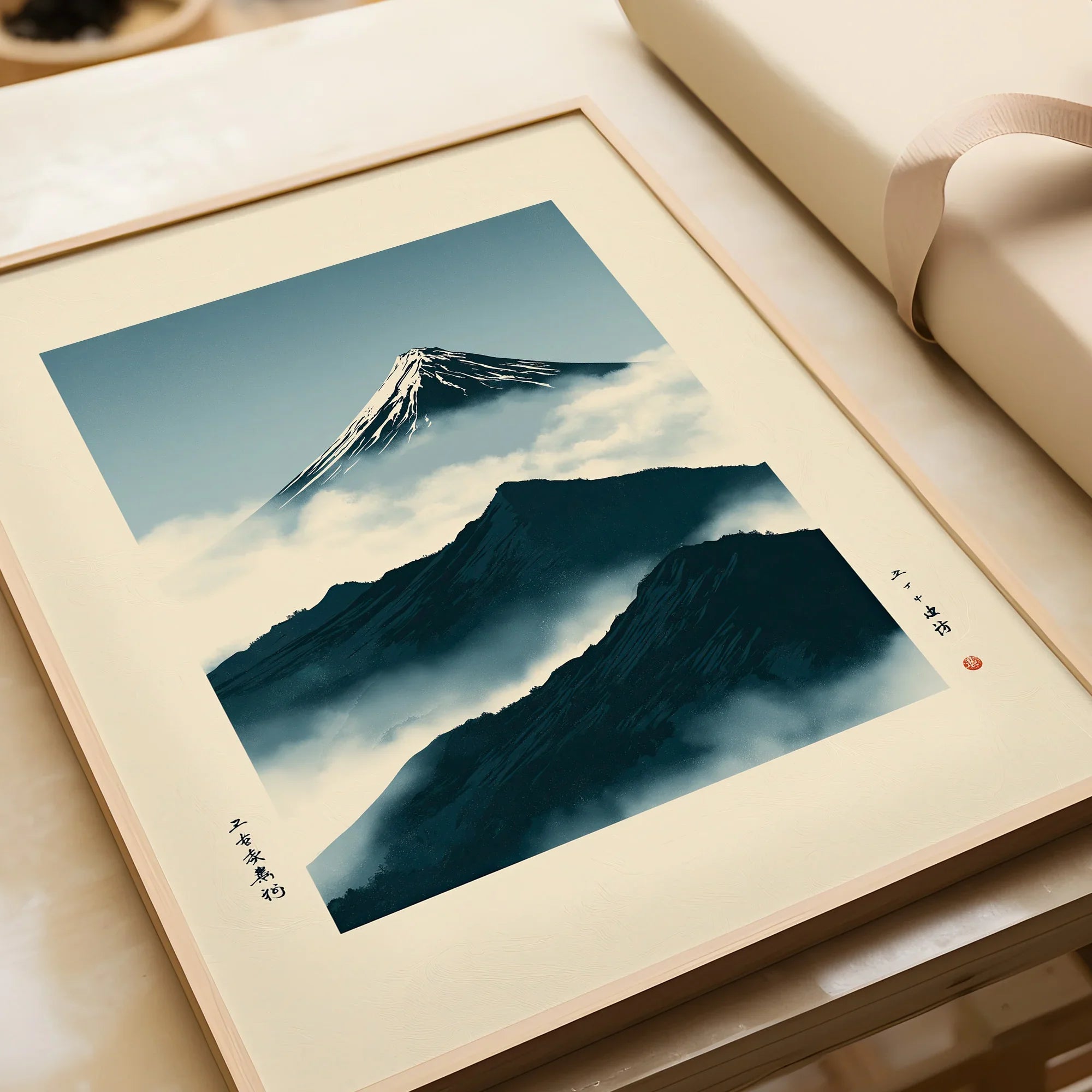 Mount Fuji Art Print – Vintage Japanese Mountain Wall Art — framed art print closeup gift unwrapped natural frame