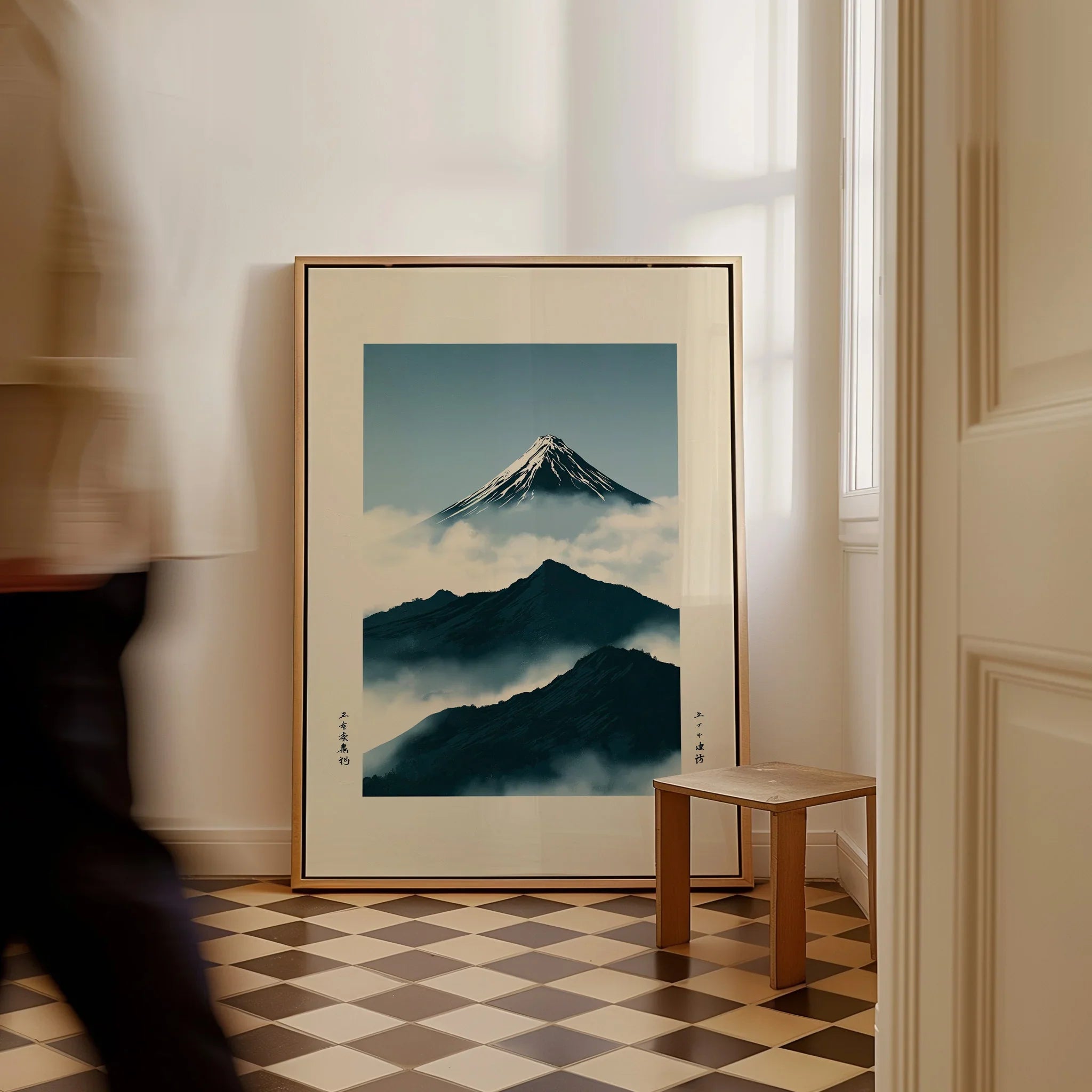 Mount Fuji Art Print – Vintage Japanese Mountain Wall Art — framed canvas on floor man walking past