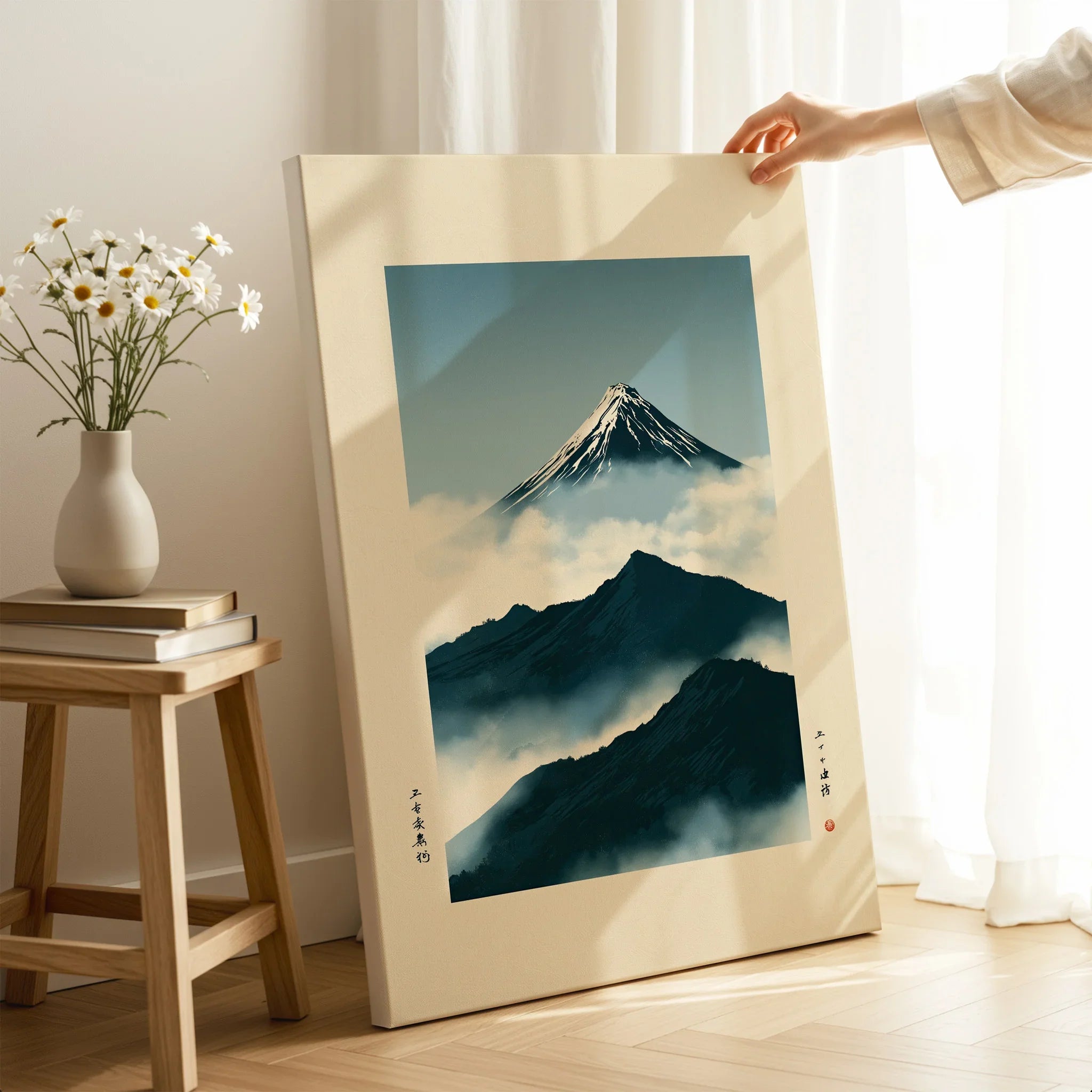 Mount Fuji Art Print – Vintage Japanese Mountain Wall Art — canvas print mirror edge hand holding room setting