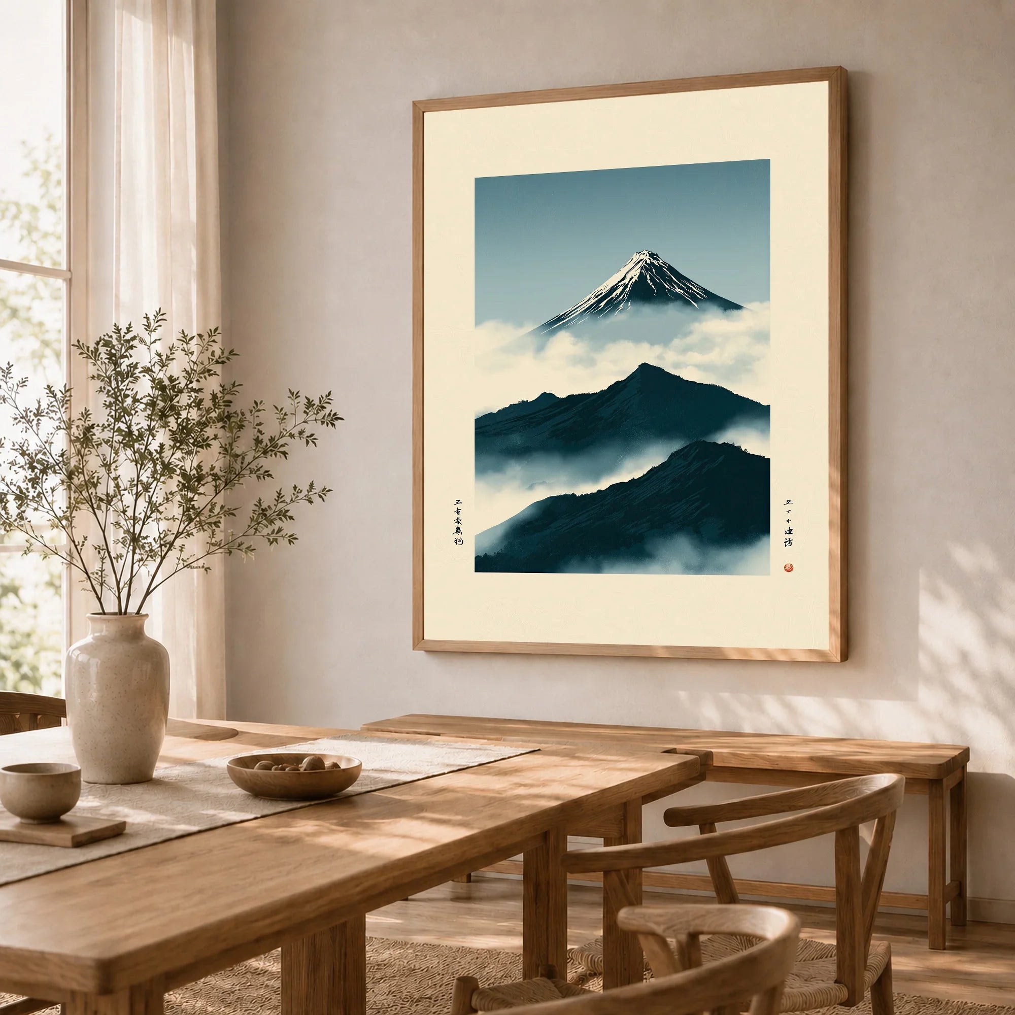 Mount Fuji Art Print – Vintage Japanese Mountain Wall Art — dining room framed print natural wood frame