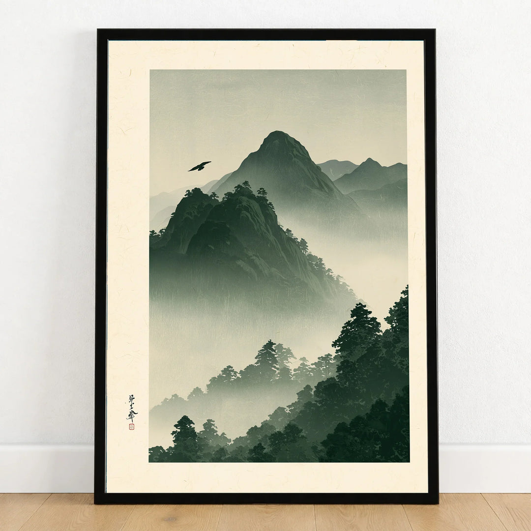 Japanese Mountain Wall Art – Misty Vintage Japan Print — art print in black frame on wooden floor