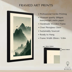 Japanese Mountain Wall Art – Misty Vintage Japan Print — framed print details measurements quality details