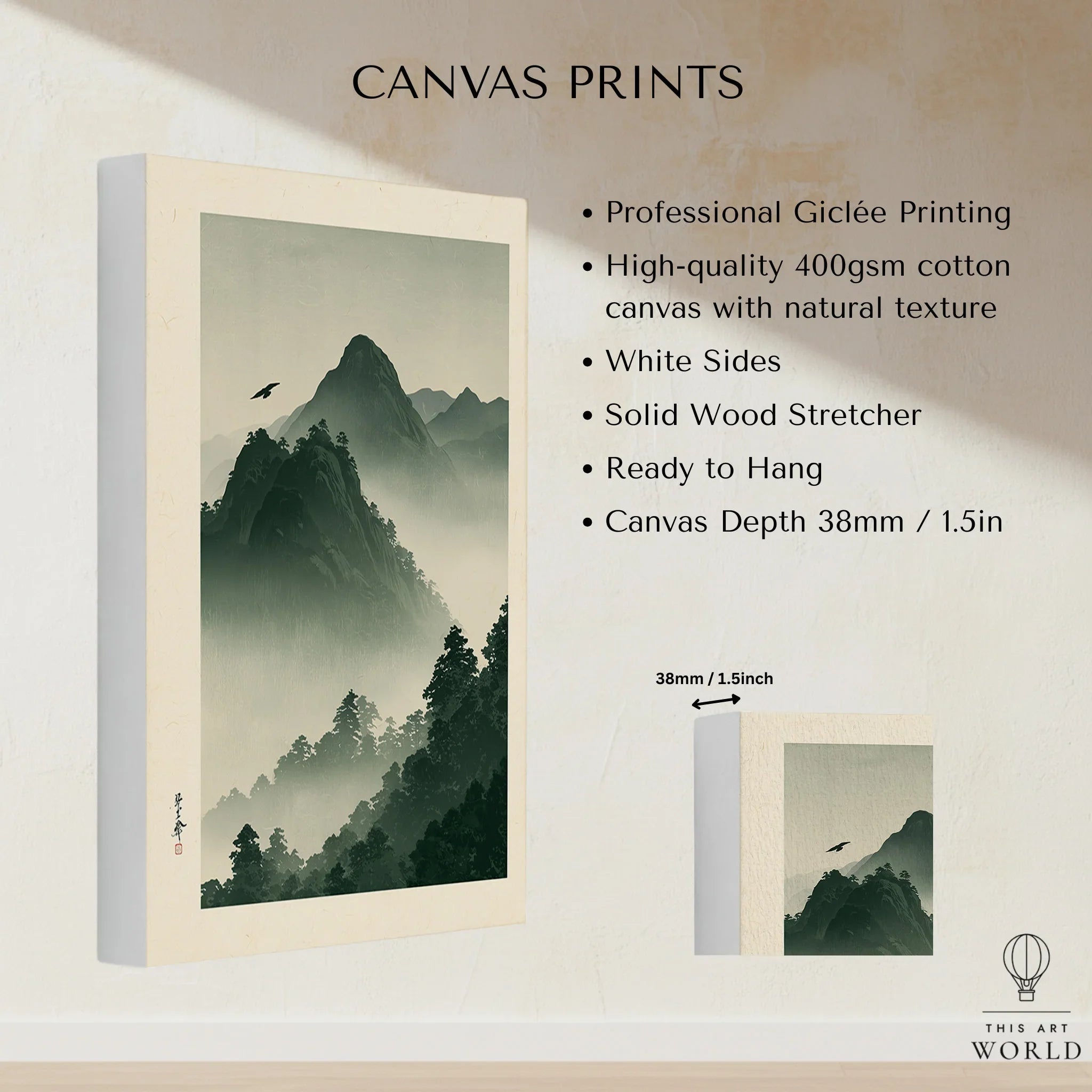 Japanese Mountain Wall Art – Misty Vintage Japan Print — canvas print stretched cotton canvas details