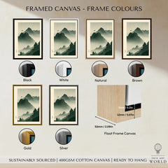 Japanese Mountain Wall Art – Misty Vintage Japan Print — framed canvas float frame colour options