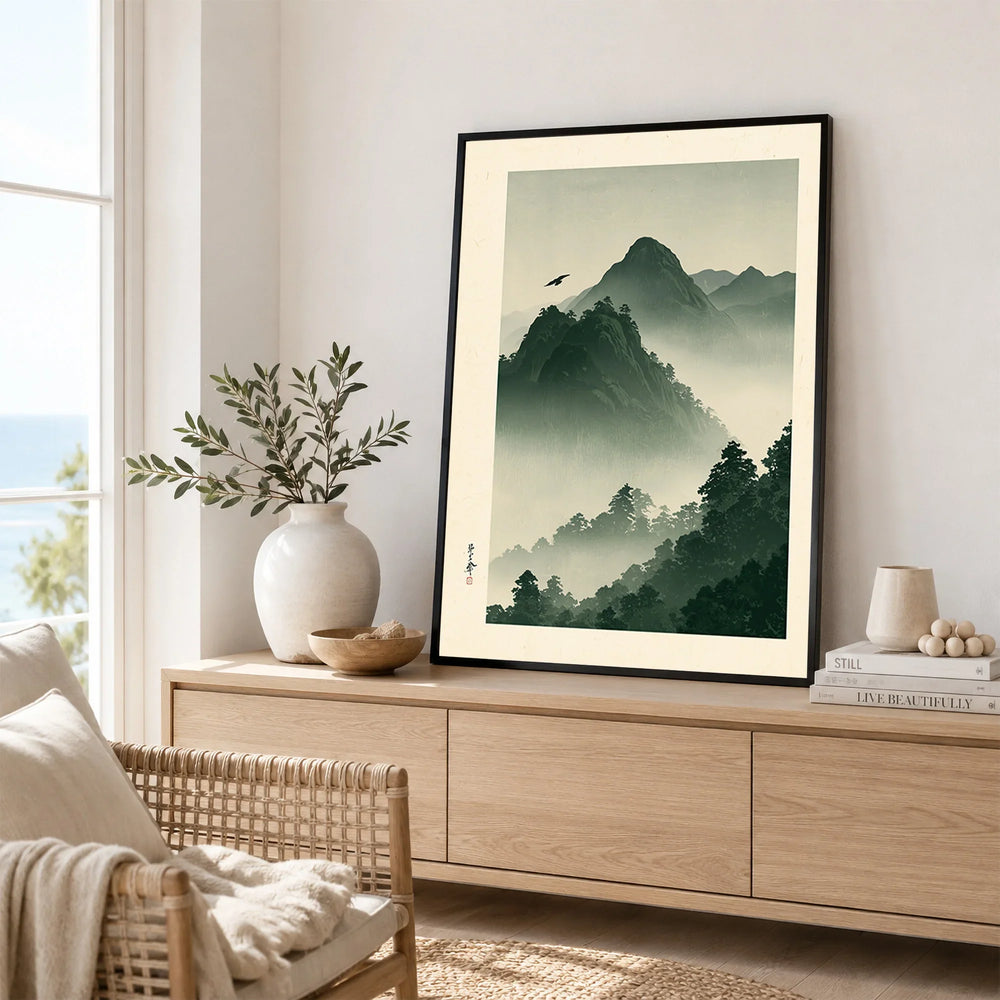 Japanese Mountain Wall Art – Misty Vintage Japan Print — framed artwork living room lifestyle setting