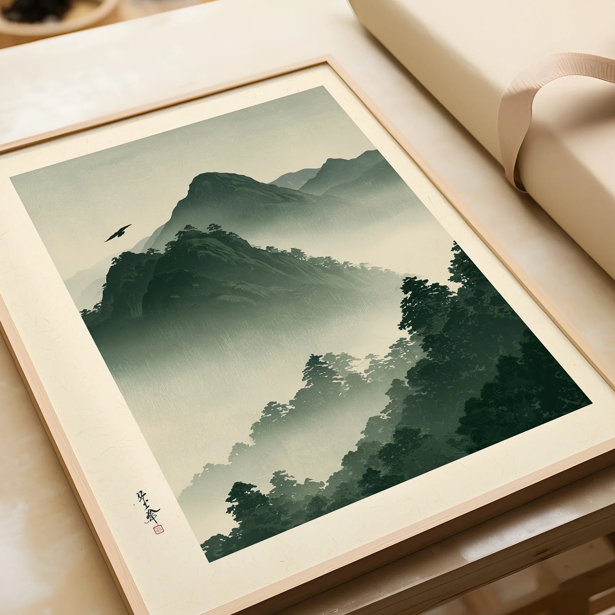 Japanese Mountain Wall Art – Misty Vintage Japan Print — framed art print closeup gift unwrapped natural frame