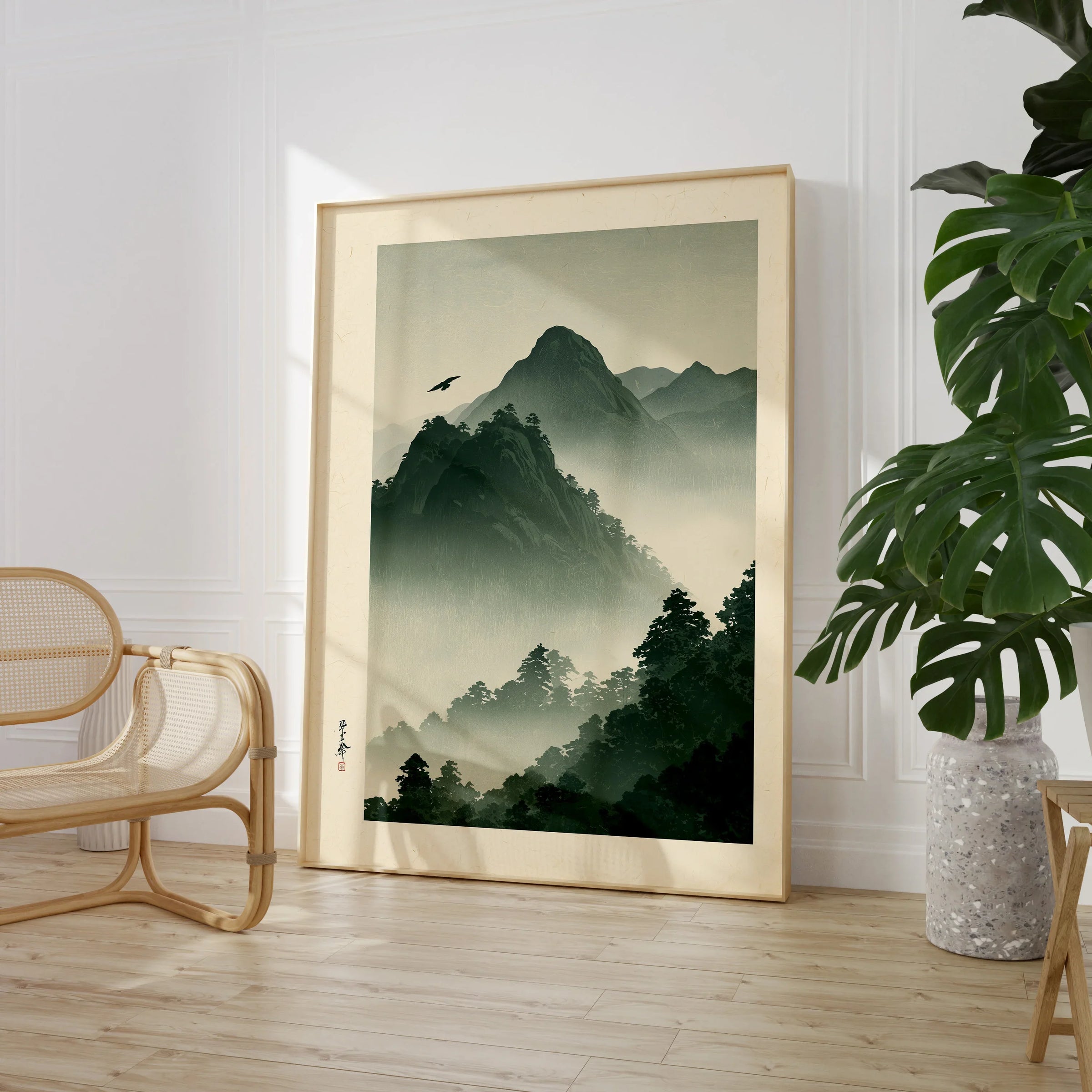 Japanese Mountain Wall Art – Misty Vintage Japan Print — large framed print room setting chair plant