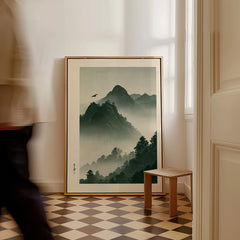 Japanese Mountain Wall Art – Misty Vintage Japan Print — framed canvas on floor man walking past