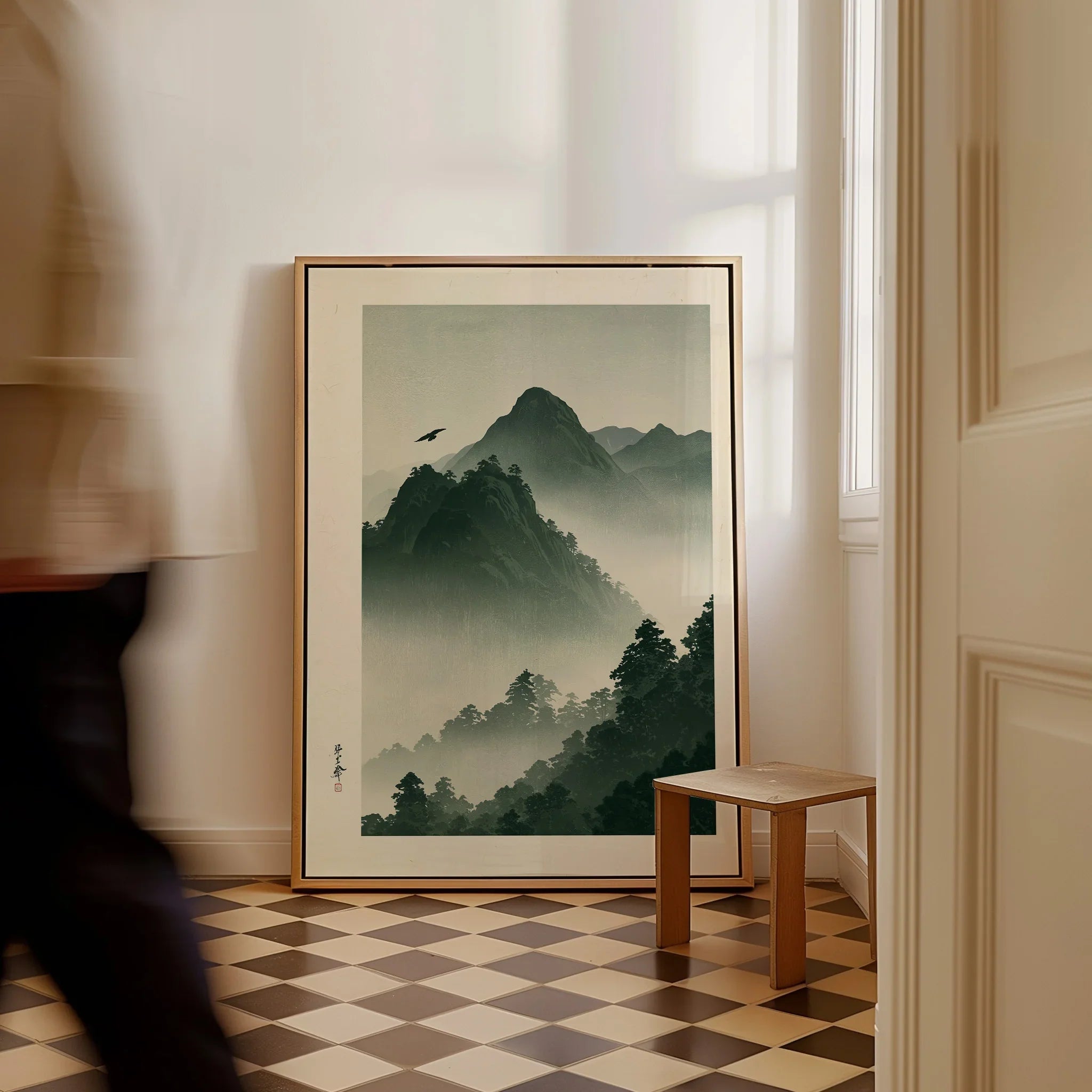 Japanese Mountain Wall Art – Misty Vintage Japan Print — framed canvas on floor man walking past
