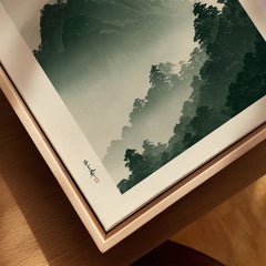 Japanese Mountain Wall Art – Misty Vintage Japan Print — closeup framed canvas natural wood floating frame