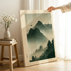 Japanese Mountain Wall Art – Misty Vintage Japan Print — canvas print mirror edge hand holding room setting