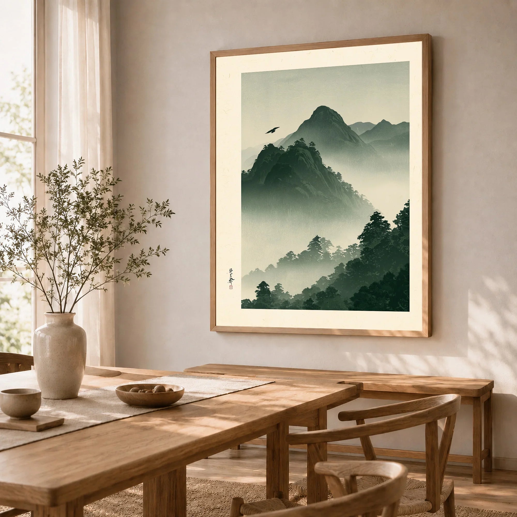 Japanese Mountain Wall Art – Misty Vintage Japan Print — dining room framed print natural wood frame