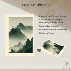 Japanese Mountain Wall Art – Misty Vintage Japan Print — fine art print unframed quality details