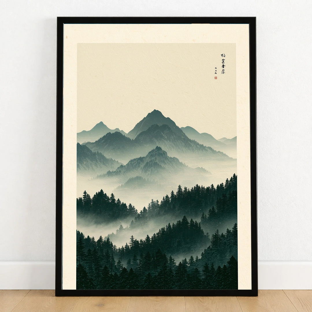 Japanese Mountain Art Print – Forest Landscape Wall Art — art print in black frame on wooden floor