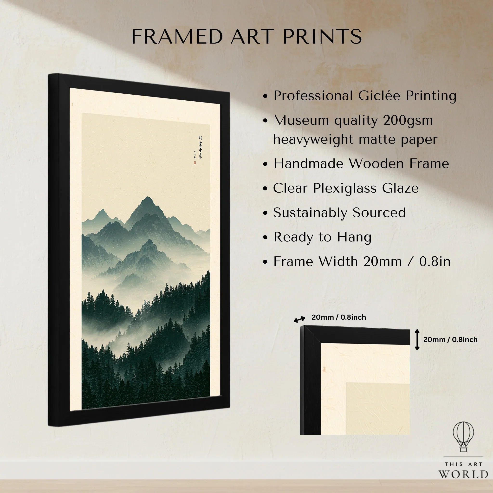 Japanese Mountain Art Print – Forest Landscape Wall Art — framed print details measurements quality details