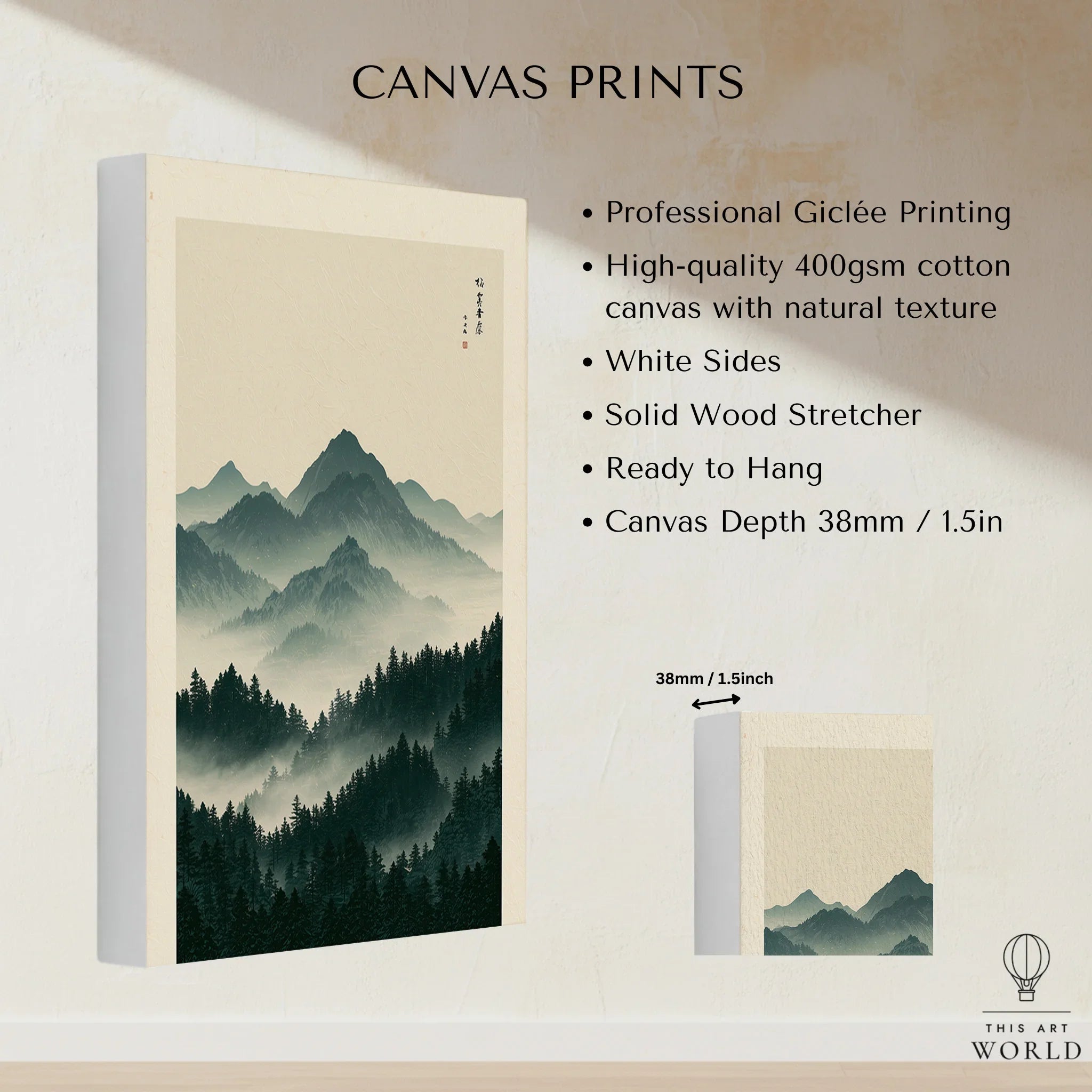 Japanese Mountain Art Print – Forest Landscape Wall Art — canvas print stretched cotton canvas details