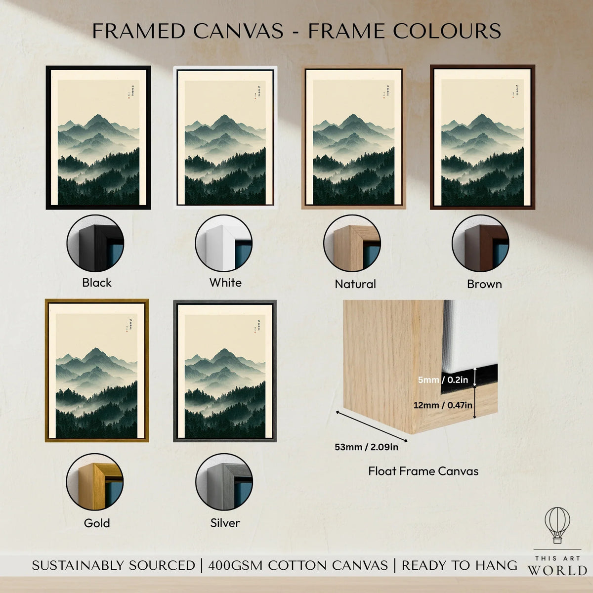 Japanese Mountain Art Print – Forest Landscape Wall Art — framed canvas float frame colour options