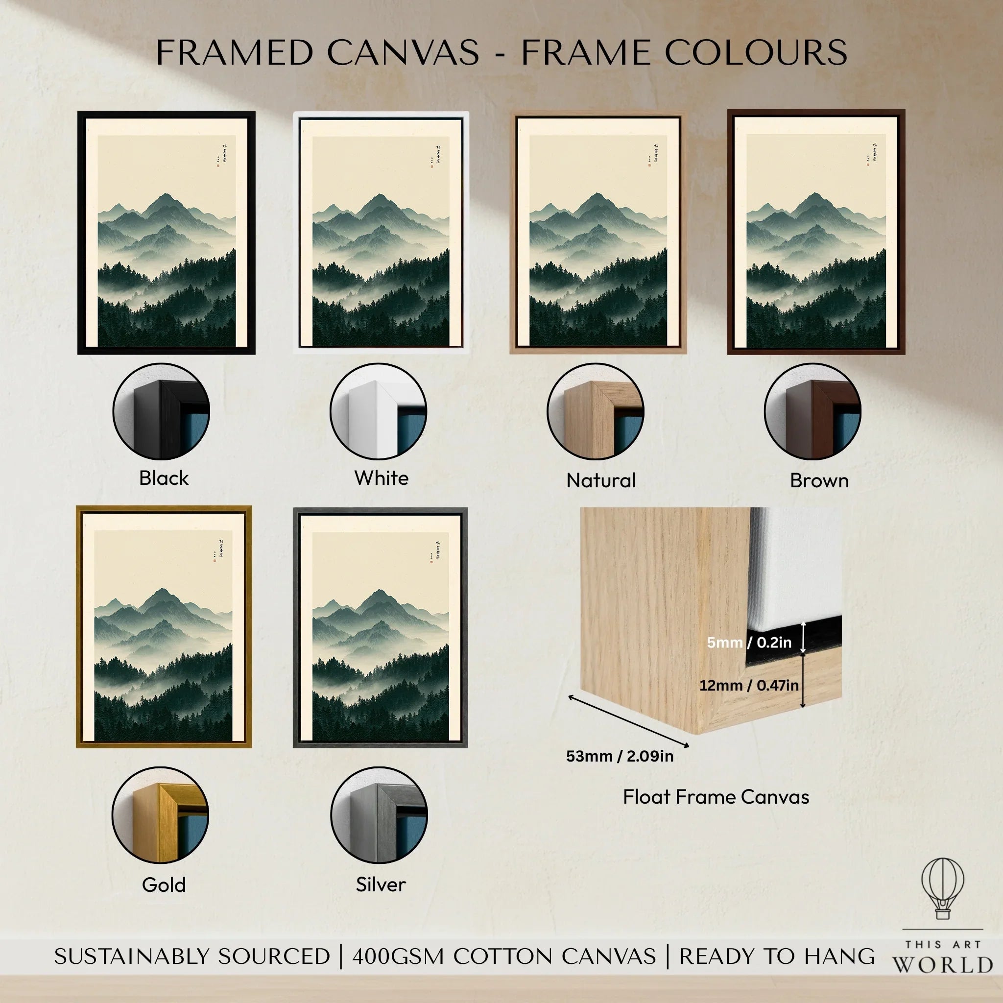 Japanese Mountain Art Print – Forest Landscape Wall Art — framed canvas float frame colour options