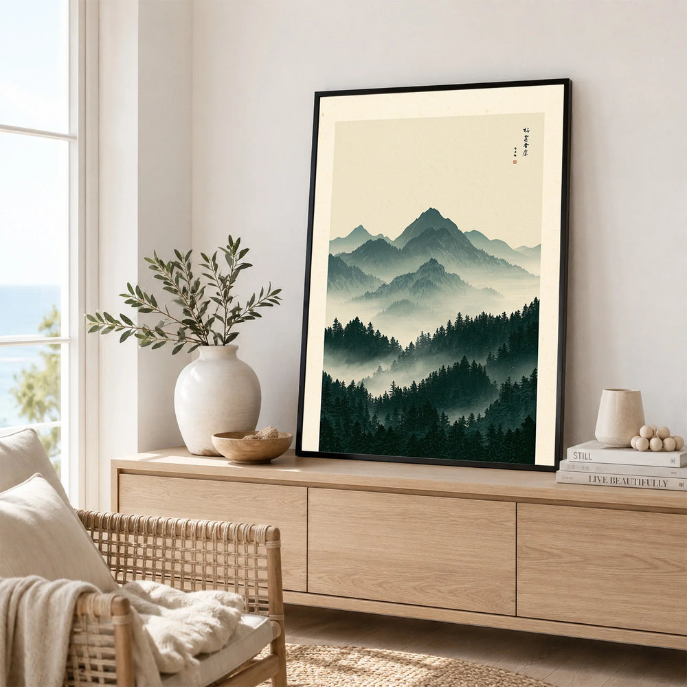 Japanese Mountain Art Print – Forest Landscape Wall Art — framed artwork living room lifestyle setting