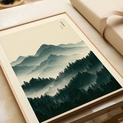 Japanese Mountain Art Print – Forest Landscape Wall Art — framed art print closeup gift unwrapped natural frame