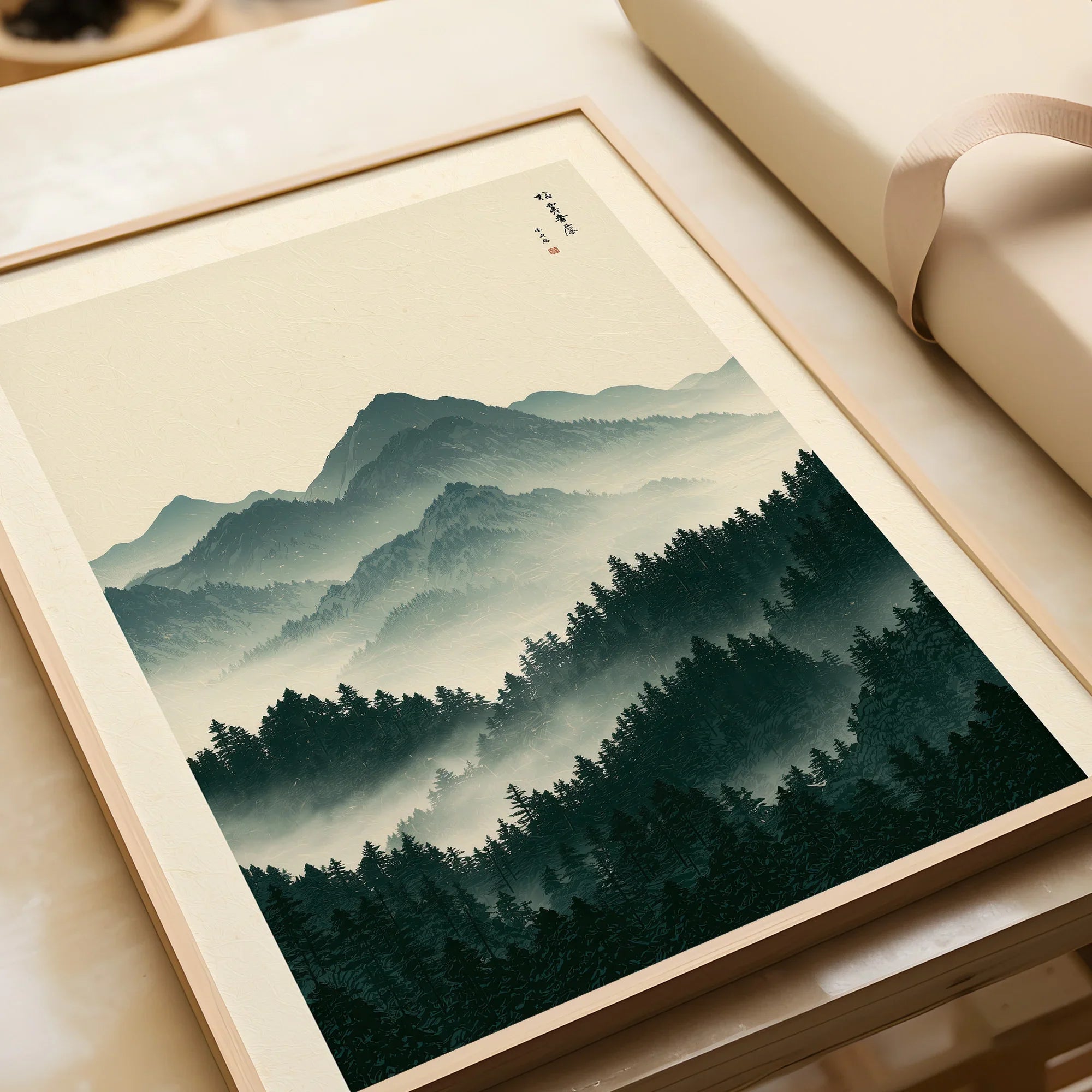 Japanese Mountain Art Print – Forest Landscape Wall Art — framed art print closeup gift unwrapped natural frame