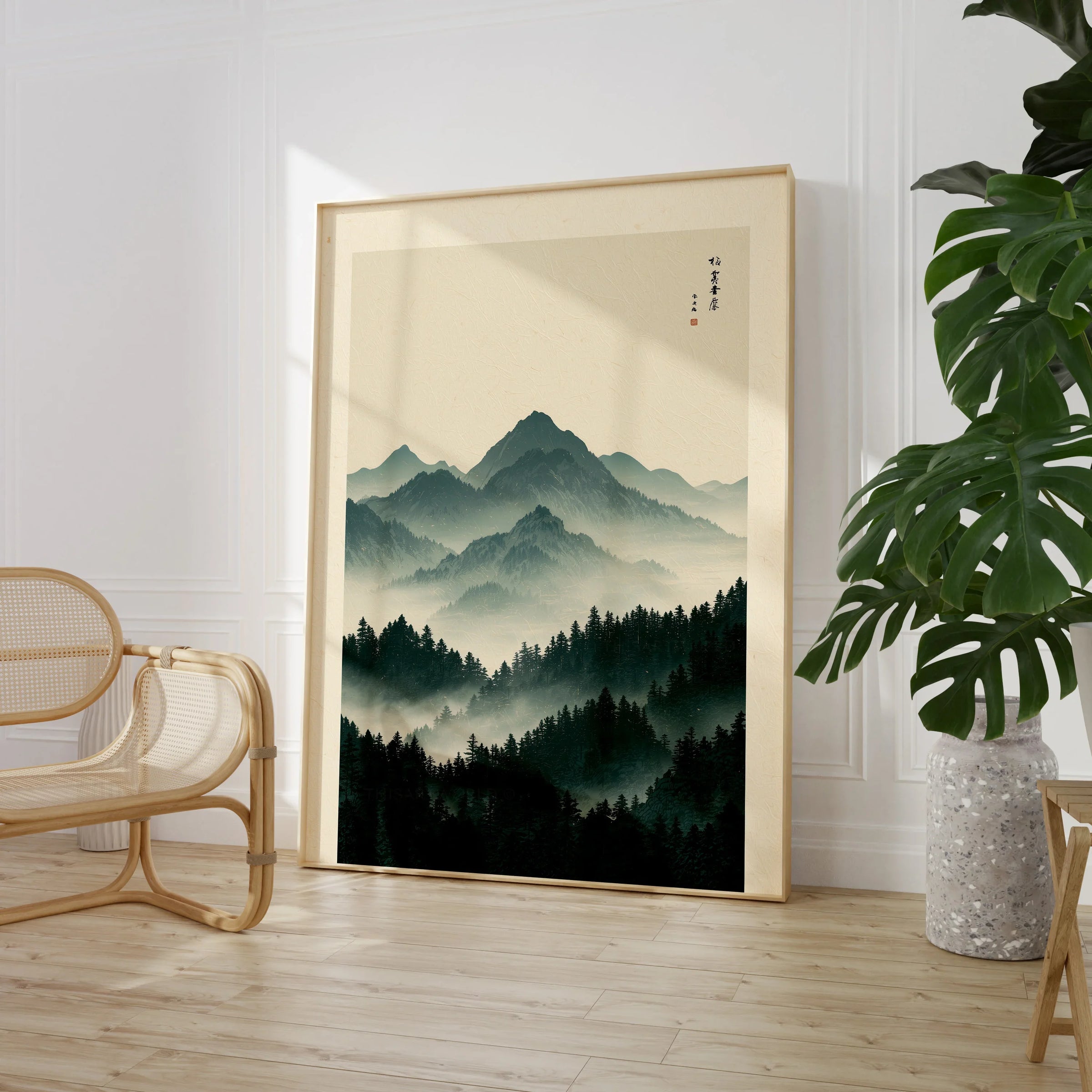 Japanese Mountain Art Print – Forest Landscape Wall Art — large framed print room setting chair plant