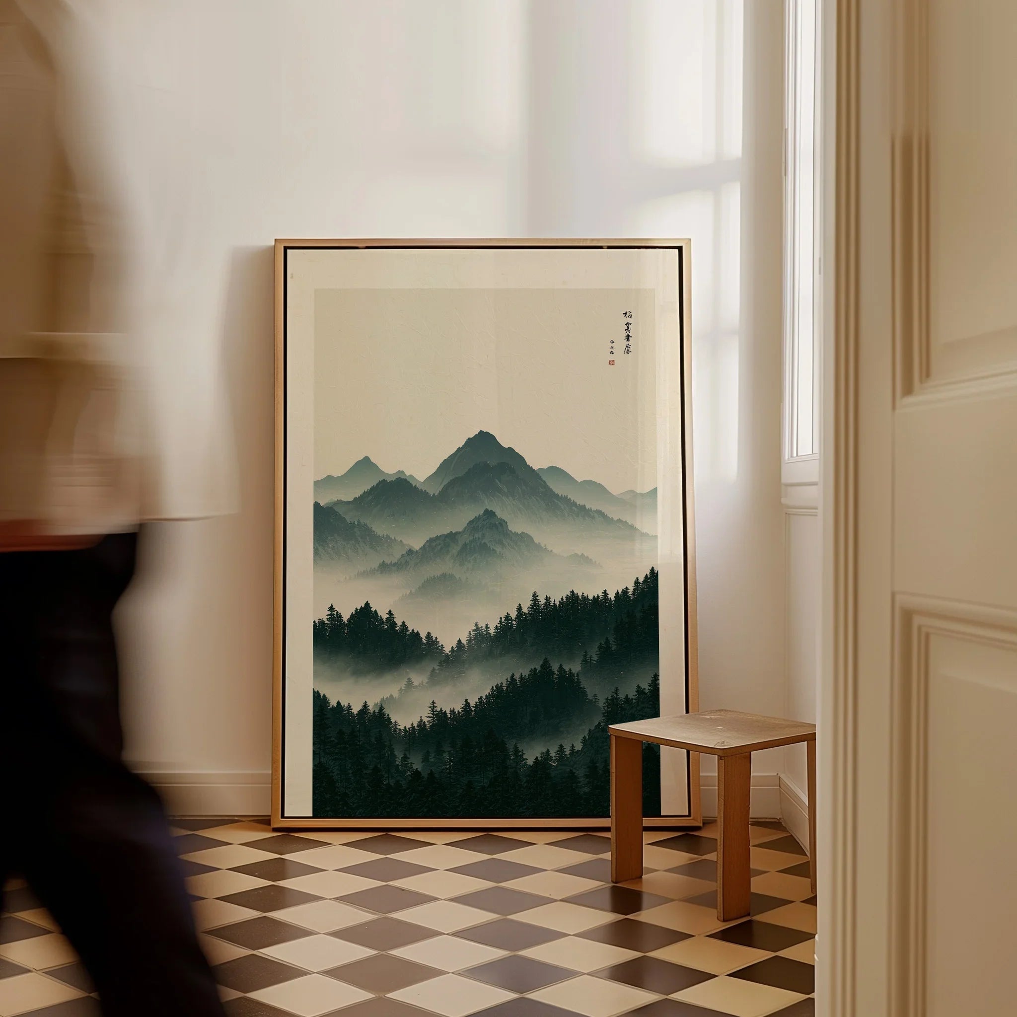 Japanese Mountain Art Print – Forest Landscape Wall Art — framed canvas on floor man walking past