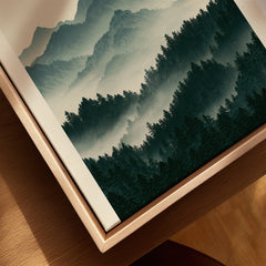 Japanese Mountain Art Print – Forest Landscape Wall Art — closeup framed canvas natural wood floating frame