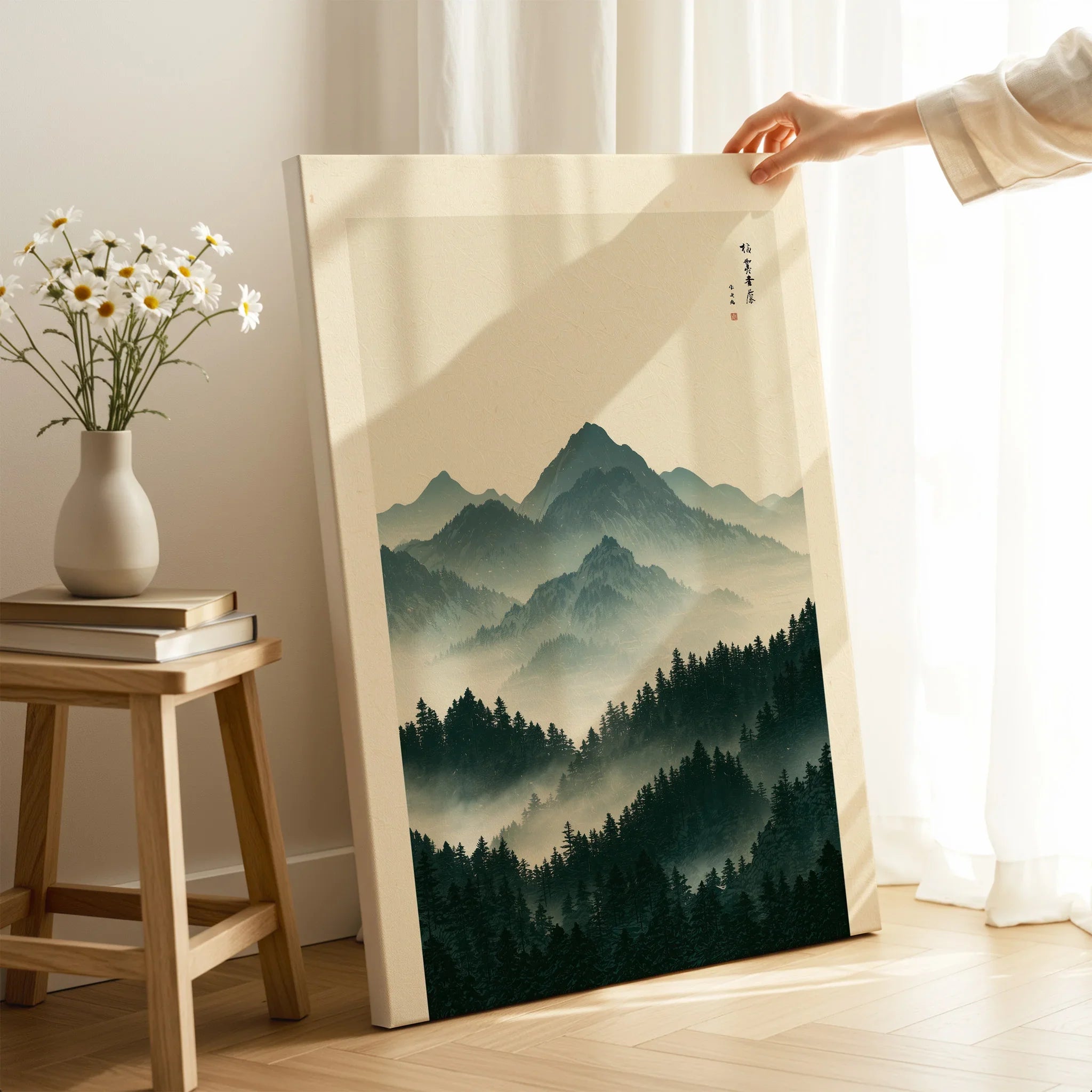 Japanese Mountain Art Print – Forest Landscape Wall Art — canvas print mirror edge hand holding room setting