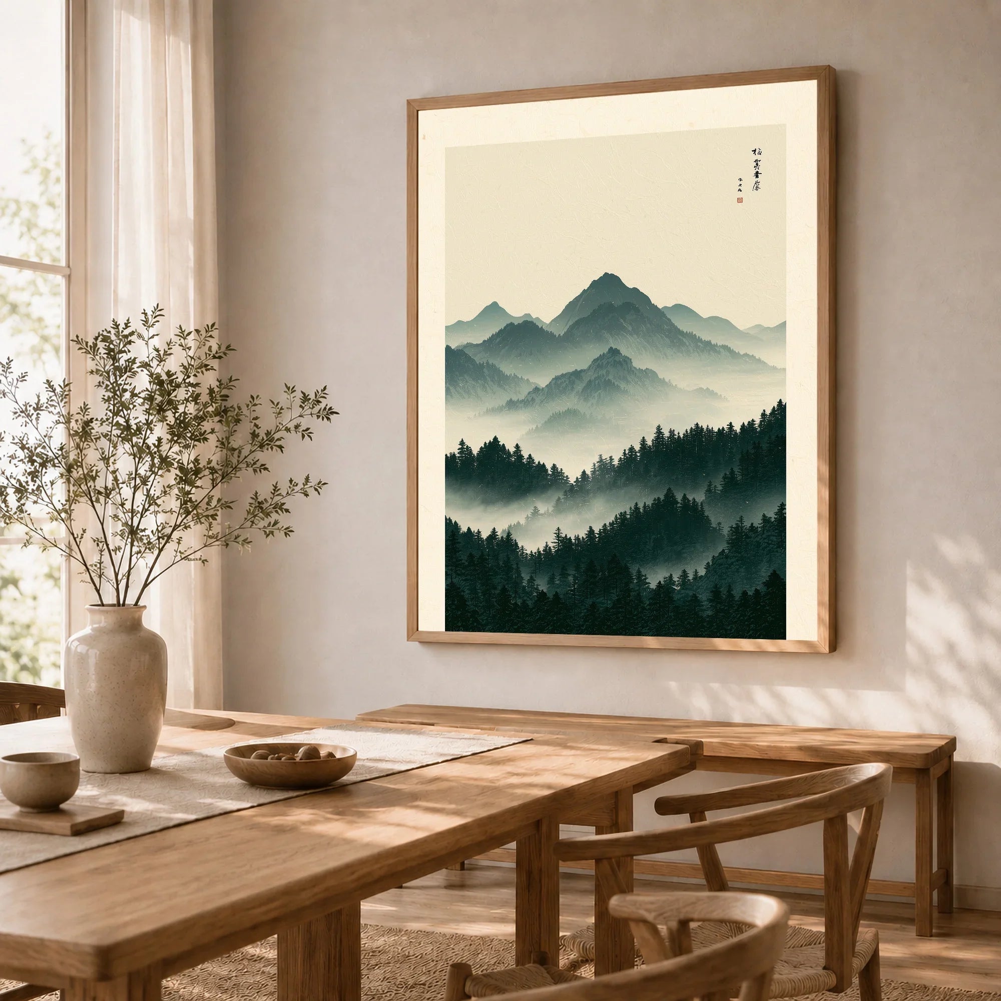 Japanese Mountain Art Print – Forest Landscape Wall Art — dining room framed print natural wood frame