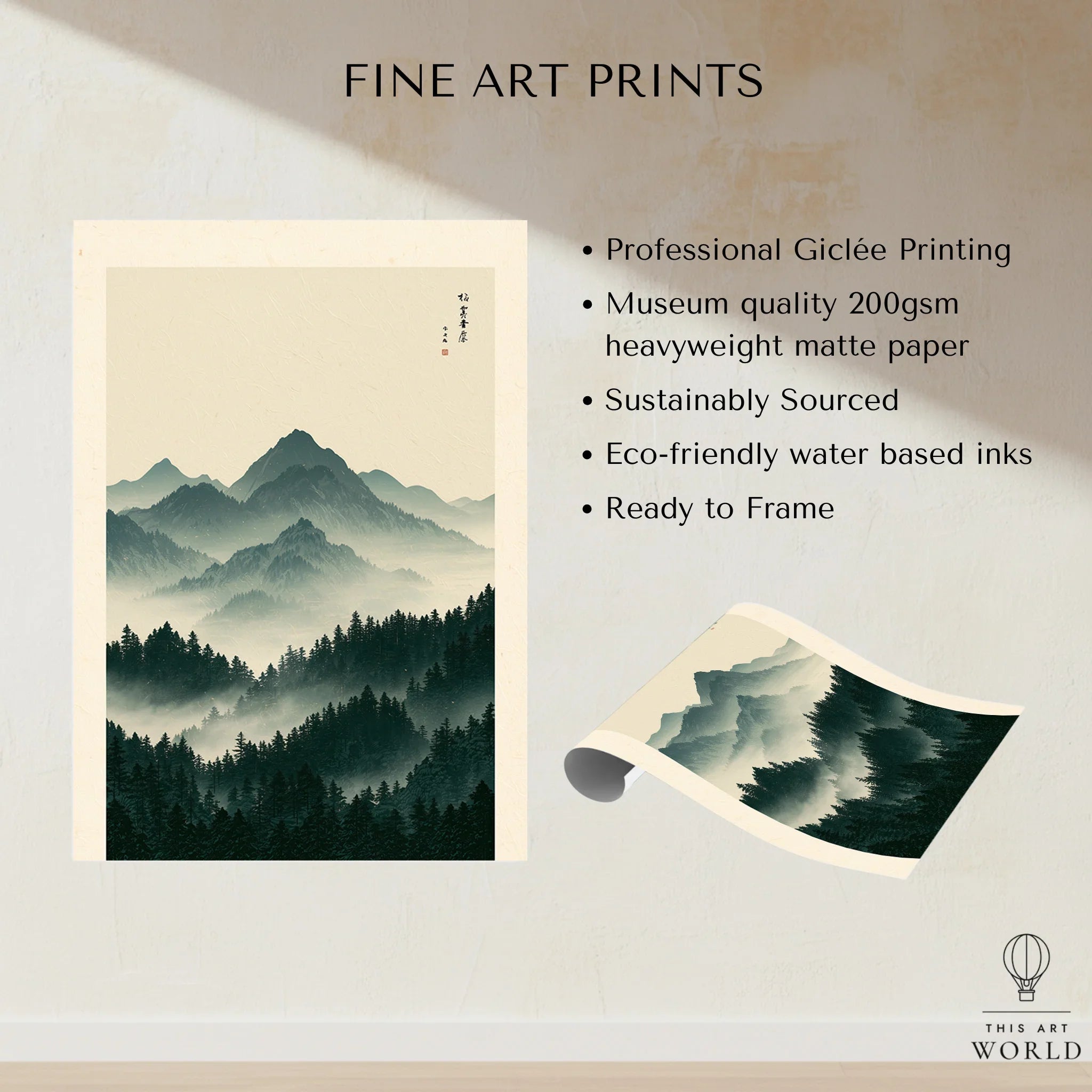 Japanese Mountain Art Print – Forest Landscape Wall Art — fine art print unframed quality details