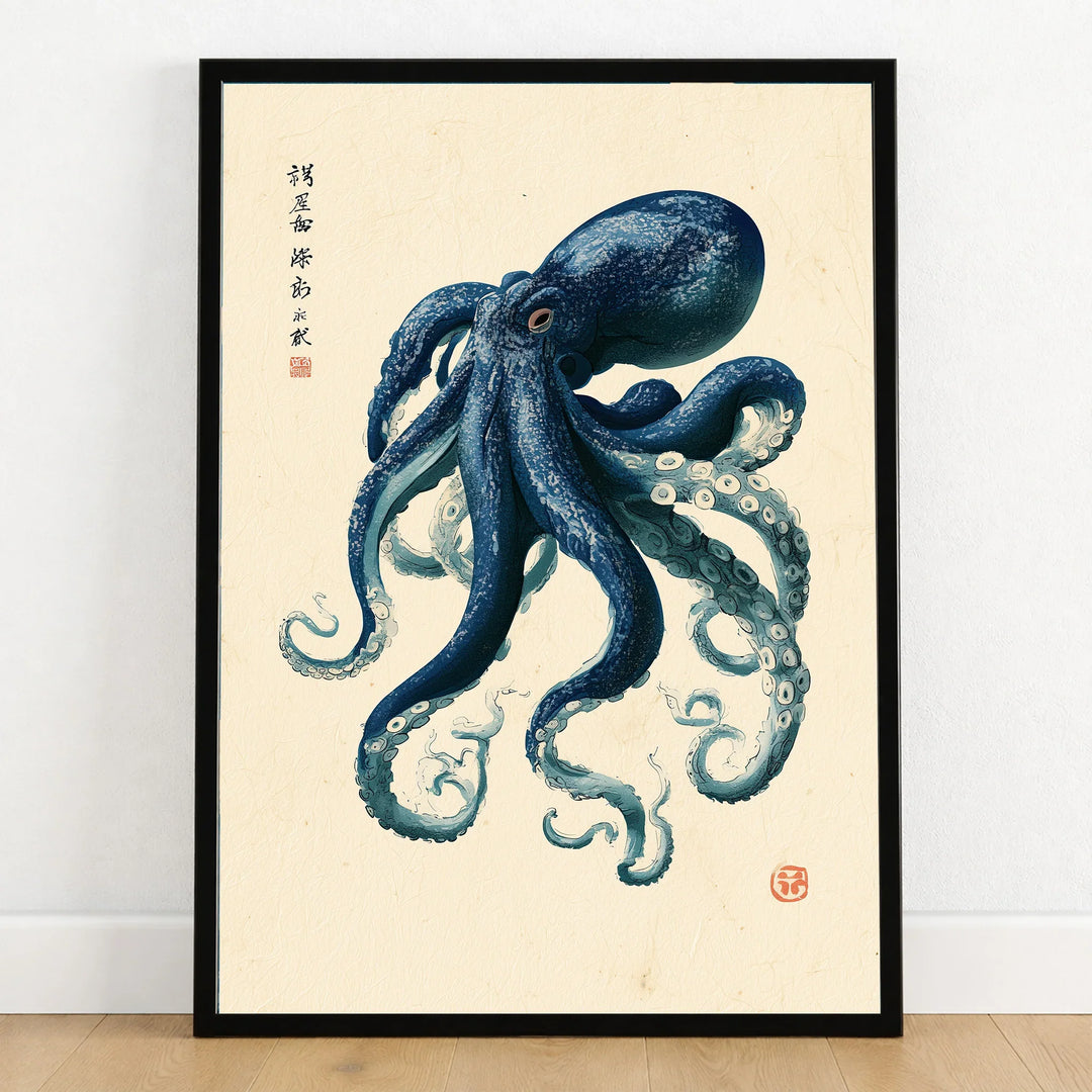 Japanese Octopus Art Print – Vintage Ukiyo-e Style Wall Art — art print in black frame on wooden floor