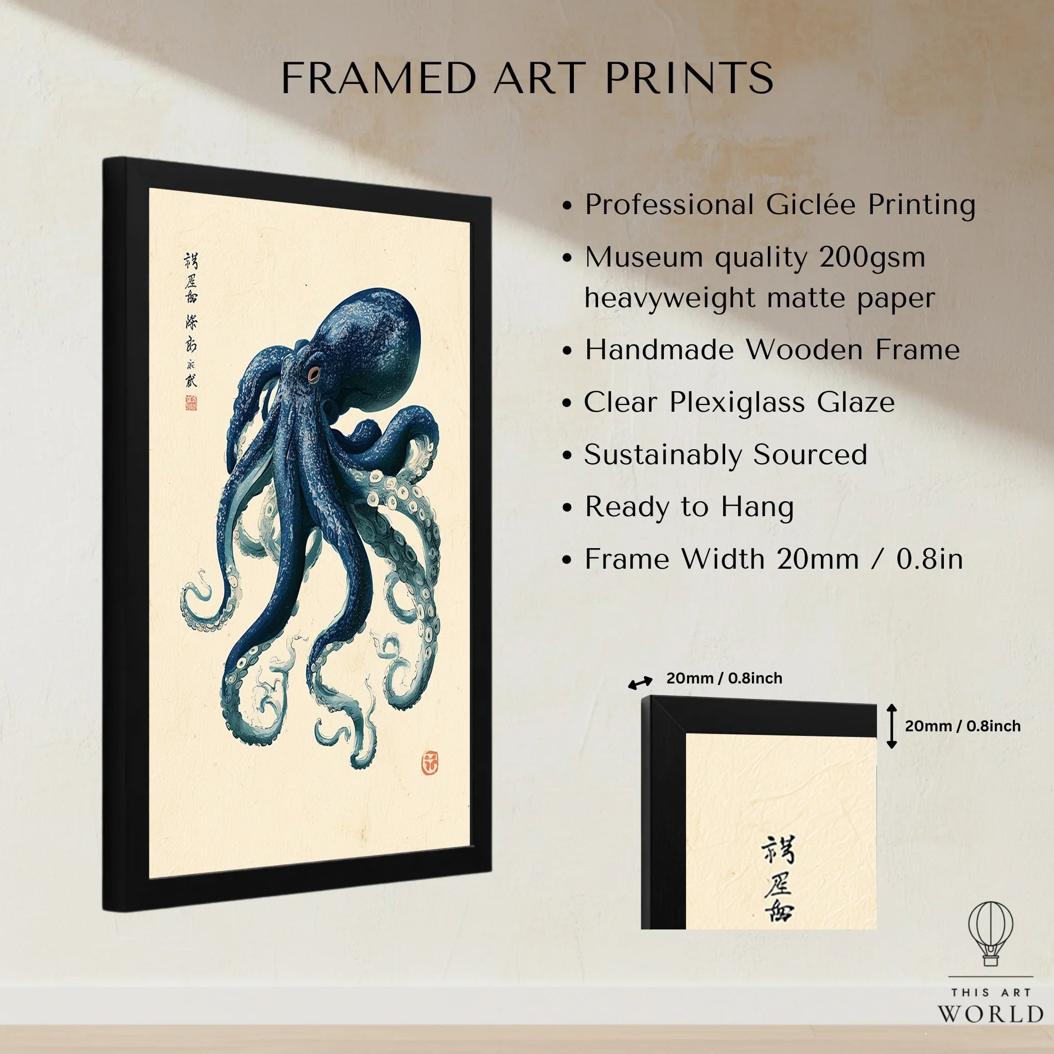 Japanese Octopus Art Print – Vintage Ukiyo-e Style Wall Art — framed print details measurements quality details