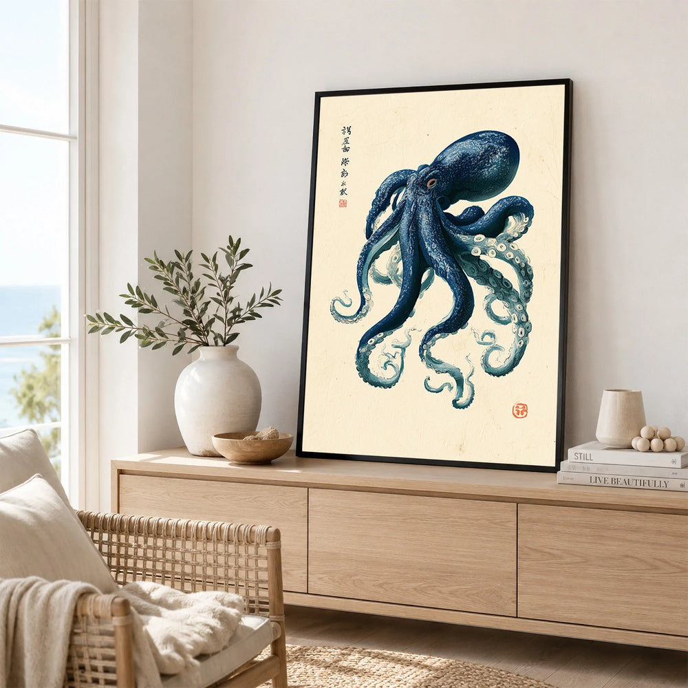 Japanese Octopus Art Print – Vintage Ukiyo-e Style Wall Art — framed artwork living room lifestyle setting
