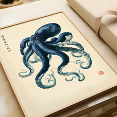 Japanese Octopus Art Print – Vintage Ukiyo-e Style Wall Art — framed art print closeup gift unwrapped natural frame