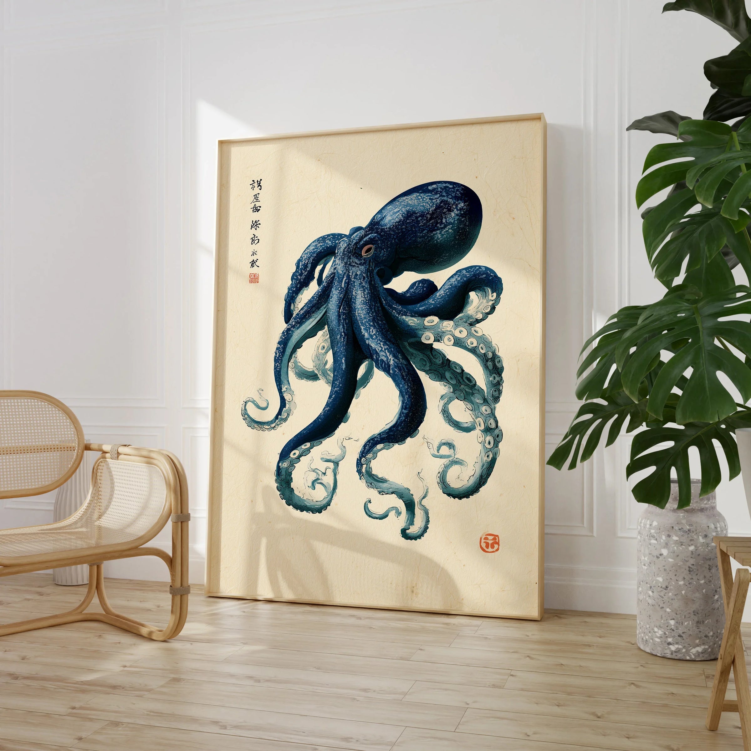 Japanese Octopus Art Print – Vintage Ukiyo-e Style Wall Art — large framed print room setting chair plant