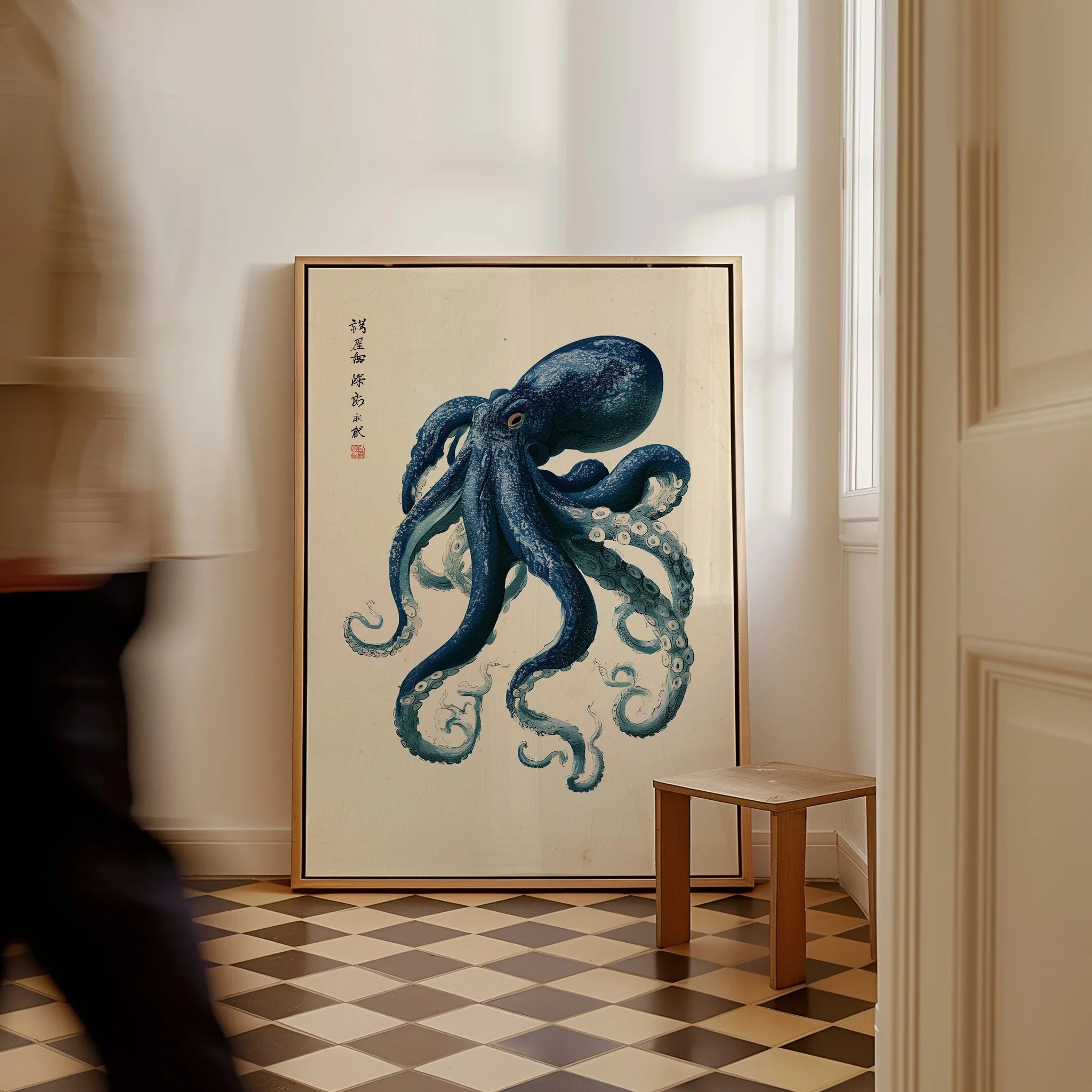 Japanese Octopus Art Print – Vintage Ukiyo-e Style Wall Art — framed canvas on floor man walking past
