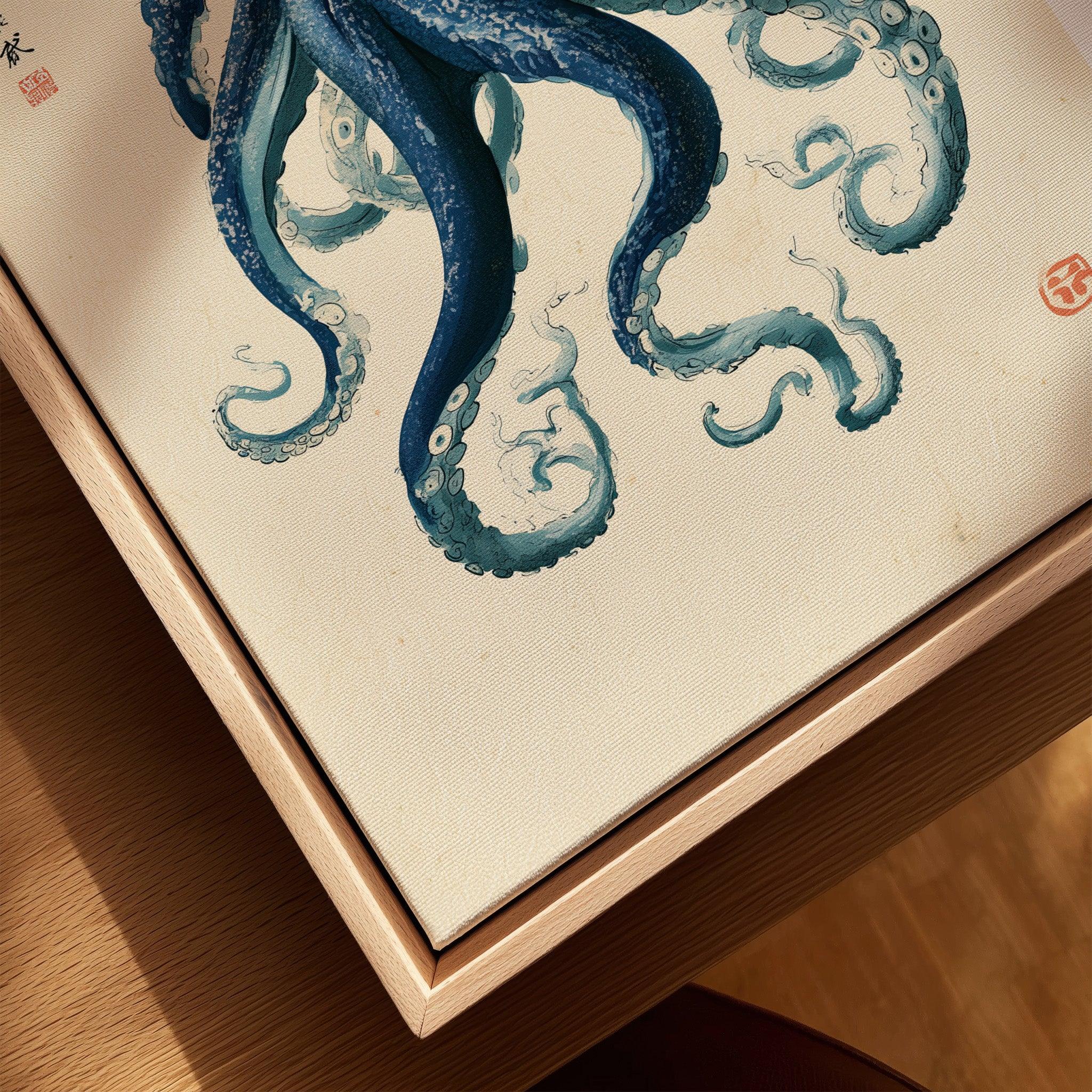 Japanese Octopus Art Print – Vintage Ukiyo-e Style Wall Art — closeup framed canvas natural wood floating frame