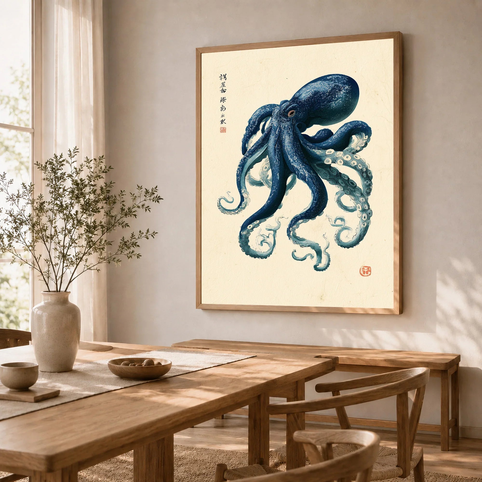 Japanese Octopus Art Print – Vintage Ukiyo-e Style Wall Art — dining room framed print natural wood frame