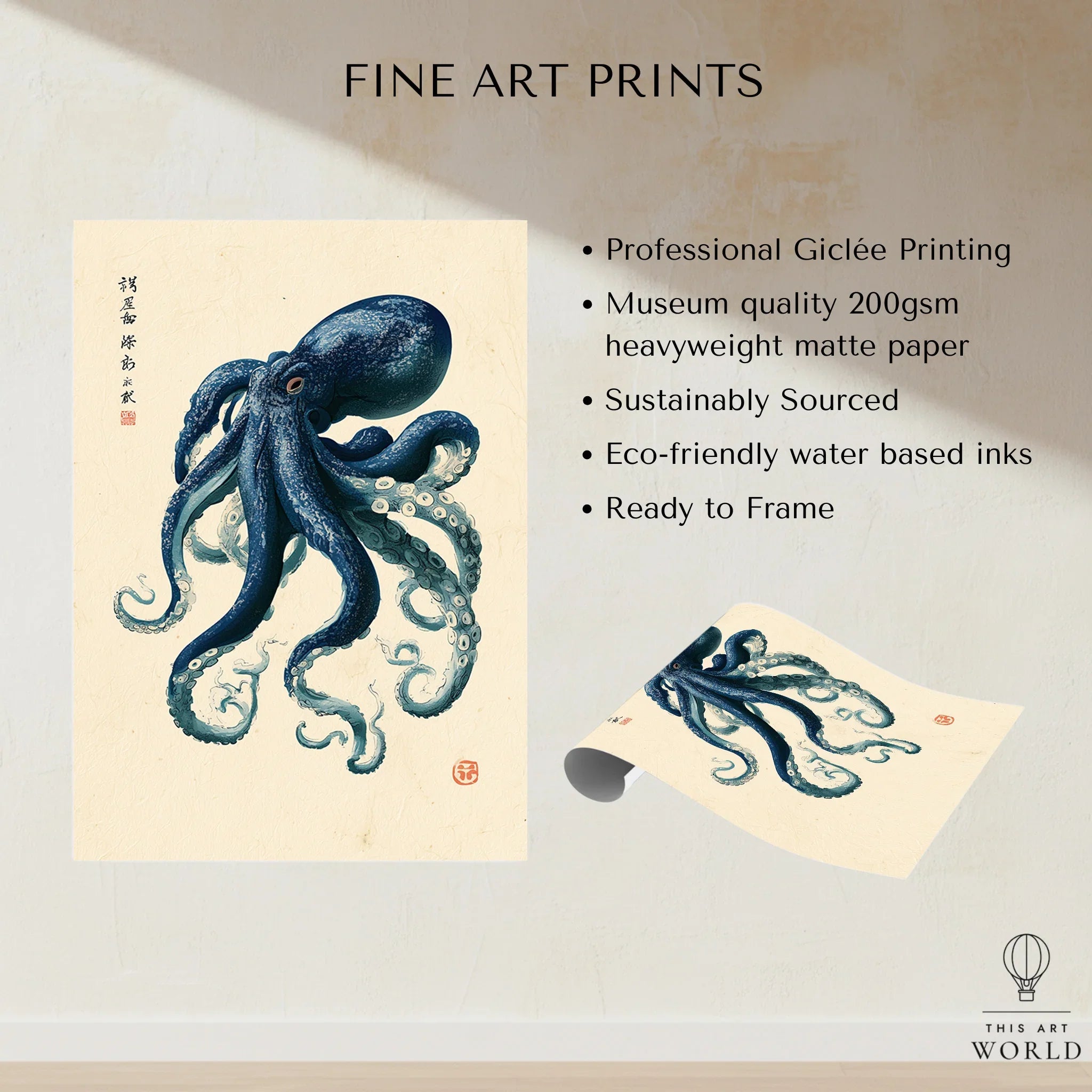 Japanese Octopus Art Print – Vintage Ukiyo-e Style Wall Art — fine art print unframed quality details